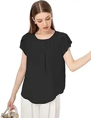 [SPRING SEAON] Women's Casual Loose Chiffon Pleated Blouse Summer Short Sleeve Dressy Tops Shirt for Ladies, Black, XL