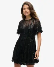Volume Tiered Mesh Mini Dress | Tassle Black Sequin