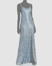 $298 Aqua Women's Blue Sleeveless Long Sequin Fringe Gown Size 10