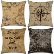 Set of 4 Pillow Covers 18x18, Nautical Map Compass Pattern Style Linen Fabric
