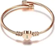 [Luluadorn] Rose Gold Heart Initial Letter Bracelets Engraved Alphabet 26 Letters Charms Cuff Bracelet Stainless Steel Expandable Personalized Name Jewelry