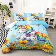 Ntlfup Cute Unicorn Comforter Set Full Size, Yellow Sunflower Unicorn Bedding Set 3pcs for Kids Girls, Soft Polyester Bedding