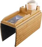 ACA Trading Couch Cup Holder Tray, Modern Sofa Armrest Tray Table with Non-Slip Pad, Wooden Bamboo Arm Table for Drinks and Food with Side-Away Tray(Natural)