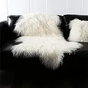 Genuine Tibetan Mongolian Sheepskin Fur Rug Hide Pelt Throw Rug Lamb Wool Carpet Curly Fur Used for Area Rug or Across Armchair，Ivory White