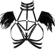 [PETM•HS] Punk Carnival Feather Texture Sling Chest Strap Bra Suit Underwear Sling top Suit (Black) (Wine Red) (Black J)