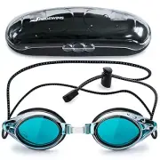 Anti-Fog Racing Swimming Goggles with Bungee Strap, Hard Case and Bonus Blue