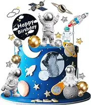 18 Pieces Astronaut Space Cake Toppers Outer Space Astronaut Figurines Planet Rocket Satellite Pearl Balls and Stars Kids Space Theme Decorations for Birthday Party Supplies Baby Shower