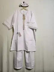 African Mens Clothing 3Pcs Dashiki Pant Suit with hat Cotton White Free Size