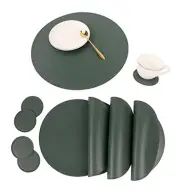 Faux Leather Round Placemats and Coasters, Disko Table Mats Set of 8 A Green