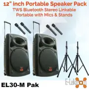 E-Lektron EL30-M 2X12" inch 1400W Portable Bluetooth Link Speakers Set w/ Mics