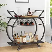 LVB Black Wine Cart with Wheels, Modern Bar Cart with Wine Rack, Industrial Beverage Rolling Kitchen Serving Cart with Sotrage, Metal Wooden Microwave Drink Liquor Cart for Home Dining Room, Black Oak