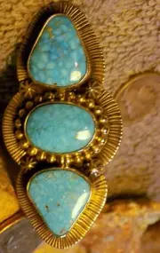 3 Stone Turquoise Sterling Silver Ring Navajo Charles J Size 9 adjustable