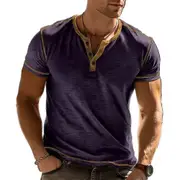 Men's Casual Short Sleeve T Shirts Button V Neck Vintage Summer Muscle T Shirt for Men purple XL