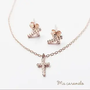 【焦糖小姐 Ms caramelo】925純銀 玫瑰金 十字架套組(項鍊 耳環 鋯石套組)