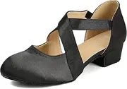 [HXYOO] Ballroom Dance Shoes Salsa Latin Dancing Shoes Women for Social Beginner Closed Toe 1 1/2 inches Heels S14