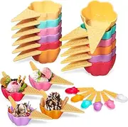 Uiifan 18 Sets Ice Cream Bowls Spoon Set Flower Design, Plastic Ice Cream Frozen Yogurt Cups with Spoons Sturdy Flower Ice Cream Bowls for Ice Cream Party Favor Kids Gift