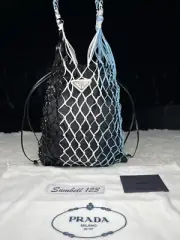 Prada Tessuto Logo Mesh Net Drawstring Tote Bag Handbag Black Blue RARE NEW