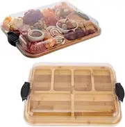 Charcuterie Board with Compartments, Wood Cheese Board with Clear Lid, Snack Trays House Warming Gifts, Double Sided Cutting Board