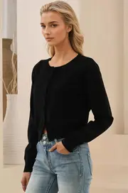 Maggie Cardigan - Button Front Crew Neck Crop Cardigan in Black