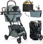 Luxury Pet Stroller & Personal Folding Shopping Cart on Premium Wheels – Lightweight Aluminum Frame – Removable Bassinet, Shopping Bag- Small to Medium Dogs & Cats (Sage v3 Pet Bassinet)