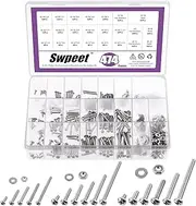 Swpeet 474Pcs #2-56#4-40#6-32 304 SAE Stainless Steel Phillips Pan Head Machine Screws and Nuts Bolts with Flat Washers Assortment Kit, Stainless Steel Screws Hardware Assortment for Home Use