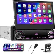 Single Din Car Stereo with Mirror Link, 7 Inch Flip Out 1 Din Touch Screen Bluetooth FM Car Radio Type-C Charge/USB/AUX/SWC + Backup Camera Mic