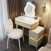 SHANGDAOYU Makeup Vanity With LED Lighted Mirror,Vanity Desk With Tri-Color Adjustable Brightness,Sensor Ambient Lighting And USB Charging Port,Bluetooth Audio For Bedroom(Khaki,BEAR CHAIR_23.6IN)