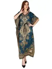 Women's Kaftan Dresses Tunic Kimono Maxi Caftan Plus Size Long Dress Teal Blue
