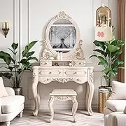 Dressing Table with Mirror and Stool,LED Lights with Adjustable Brightness for Bedroom, Pack of Makeup Brush Bucket,European Style(100cm)
