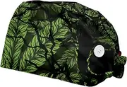 [FVQL] Pack of 2 Surgical Cap Scrub Cap with Buttons, Leaf Floral Pattern Skull