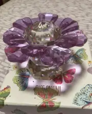 OLEG CASSINI Crystal Paperweight Signed Cut Diamond Shape Purple Flower.NIB