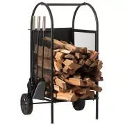 Indoor and Outdoor Patio Iron Firewood Log Cart with Wheels & Fireplace Tool Set