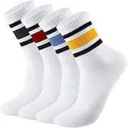 [Meng Jiaran] 4 Pairs Crew Sport Socks Ladies Socks Striped Crew Socks for Women, Cotton Striped Athletic Socks Retro Sports Socks Casual White Socks for Women Men, Size 5-7.5, white, 15-16