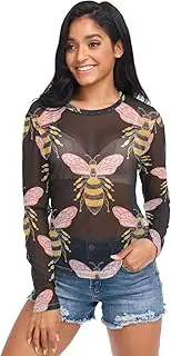 [RPLIFE] Cute Bees Black Womens Mesh Sleeve Top, Womens See Through Tops S-XXL