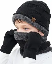 [KMOLY] Kids Winter Beanie Hat Scarf Touchscreen Gloves Set for Boys Girls 4-15 Years Warm Skull Cap Fleece Lined Knitted Hat