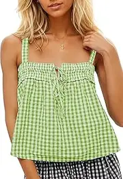 [Generic] Women Cute Tie Front Plaid Crop Tank Tops Square Neck Sleeveless Gingham Camisole Tops Summer Backless Cropped Vest