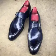 Handmade Men Classic Blue Leather Split Toe Monk Strap Loafers Style Dress Shoes