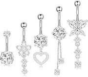 [Decentraland] 1SET Silvery With Zircon 1.6mm(14G) Long Flower Heart Butterfly Dangling Belly Button Ring Piercing For Women Body Piercings Jewelry Hypoallergenic Titanium Steel Stainless Steel 10mm