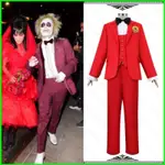 最新 BEETLEJUICE 2 MICHAEL KEATON 亮紅色套裝角色扮演 COSPLAY 布萬聖節派對服裝