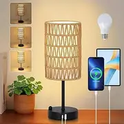 Bedside Lamp Touch Control Table Lamp with USB A+C Charging Ports 3-Way Dimmable Nightstand Lamp with Rattan Shade for Bedroom Living (Metal Base/Rattan Shade) 1 Pack