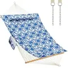 Outdoor Double Hammock with Hardwood Spreader Bars Cotton Rope Blue Printing