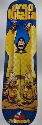 2004 Greg Lutzka "Gucci Suit" Almost Skateboard Deck Rare Vintage 7.5x31 inches