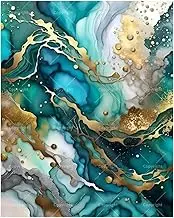 Abstract Art Paint by Numbers Kit for Adults - DIY Teal and Gold Marble Effect Abstract Painting on Canvas 16x20 Inches, Acrylic Paint Set, Suitable for Beginners,Art for Decoration or Gifts