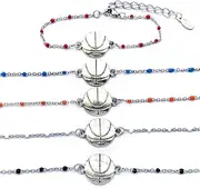 5PCS Bulk Set Tiny Link Chain Football Soccer Softball Baseball Tennis Basketball Bike Volleyball Sideways Charm Bracelets Sports Teams,Players,Lovers,Clubs Jewelry Gifts