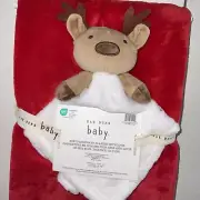 RAE DUNN SOFT PLUSH 30x40” RED BABY’S FIRST CHRISTMAS WITH REINDEER LOVIE NWT