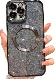 MGQILING Compatible with iPhone 13 Pro Max Magnetic Glitter Case, Luxury Plating Cute Bling Clear Phone Case, Compatible with MagSafe for Women Girls with Camera Protector Back Cover - Black