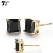 TT 18K Gold Plated Black CZ Square Stud Earrings 5mm-8mm A Pair (ES02D) NEW