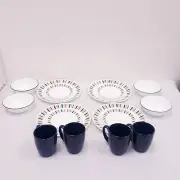 Corelle SET 4 Blue trim, striped dinner plate, dessert plates, bowls, mugs