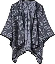 [BAILEYU] Women's Travel Poncho Cape Hooded Plaid Shawl Wrap Warm Cloak with Stylish Leather Buckle for Fall Winter