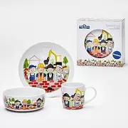 VAN WELL Construction Site Children's 3-Piece Porcelain Dinner Set with Artisan Motifs with Mug, Bowl and Plate Ideal as a Gift